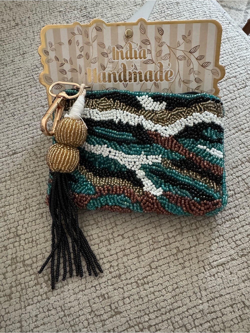 Teal Green Beaded Pouch with Gold Tassel